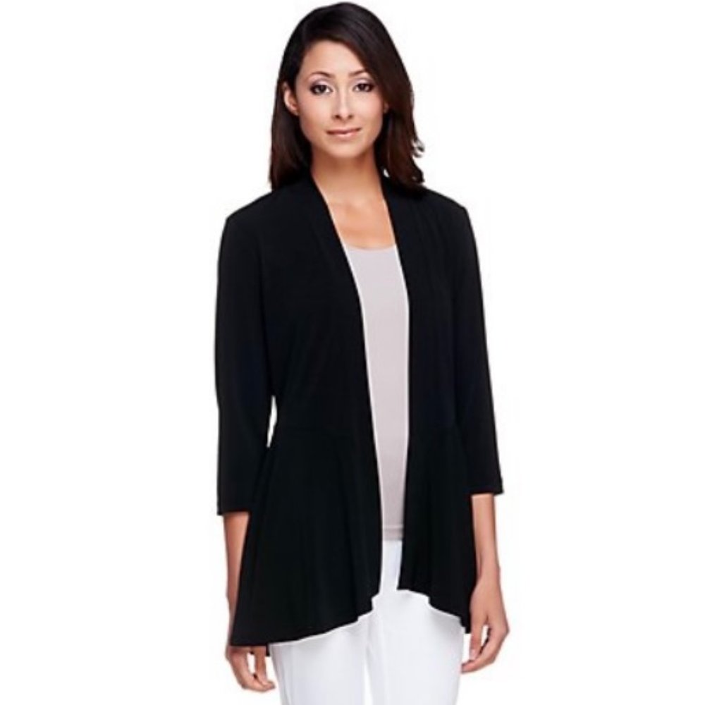 Susan Graver Black Liquid Knit 3/4 Sleeve Cardigan with Peplum
